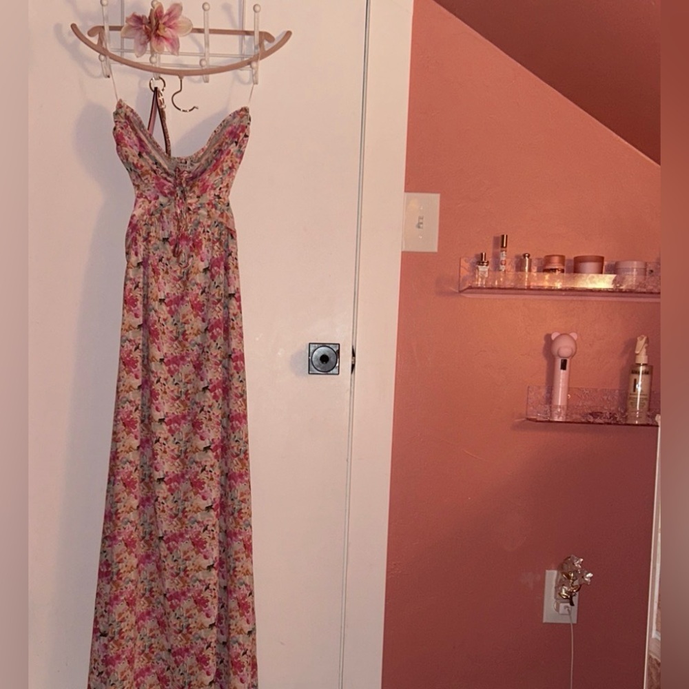 Lush Fuchsia Pink Floral Strapless Maxi Dress